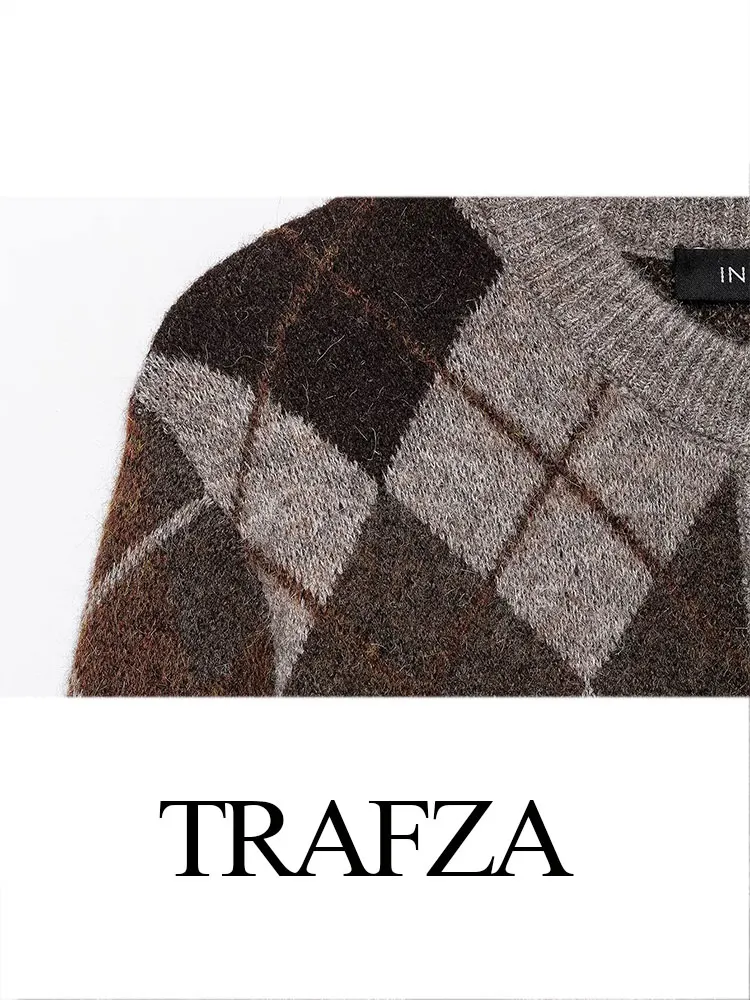 TRAFZA ฤดูใบไม้ร่วงผู้หญิง Chic Rhombus ถักเสื้อสเวตเตอร์ถักแฟชั่นรอบคอ Single-breasted Buttoned ผู้หญิงลําลอง TOP