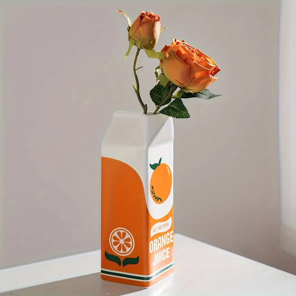 

Modern Style Ceramic Vase Creative Orange Juice Carton Design Decorative Tabletop Flower Container For Living Room Office Decor