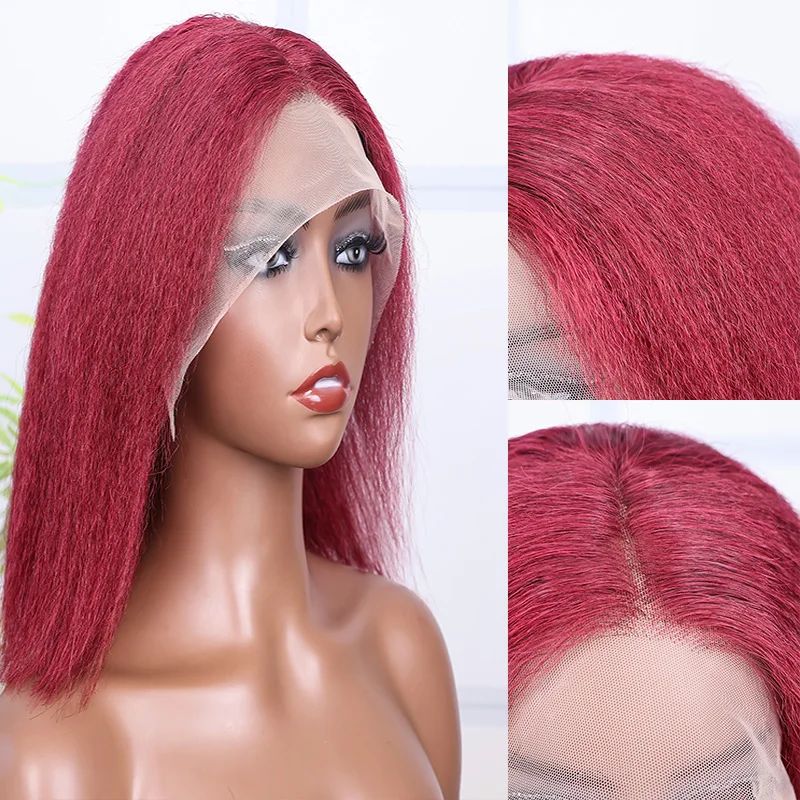 99J Kinkyตรง 13X4 ลูกไม้ด้านหน้าวิกผมผมมนุษย์Burgundyสีแดงลูกไม้ด้านหน้าด้านหน้ามนุษย์Wigsสําหรับผู้หญิงYakiตรงRemyวิกผม