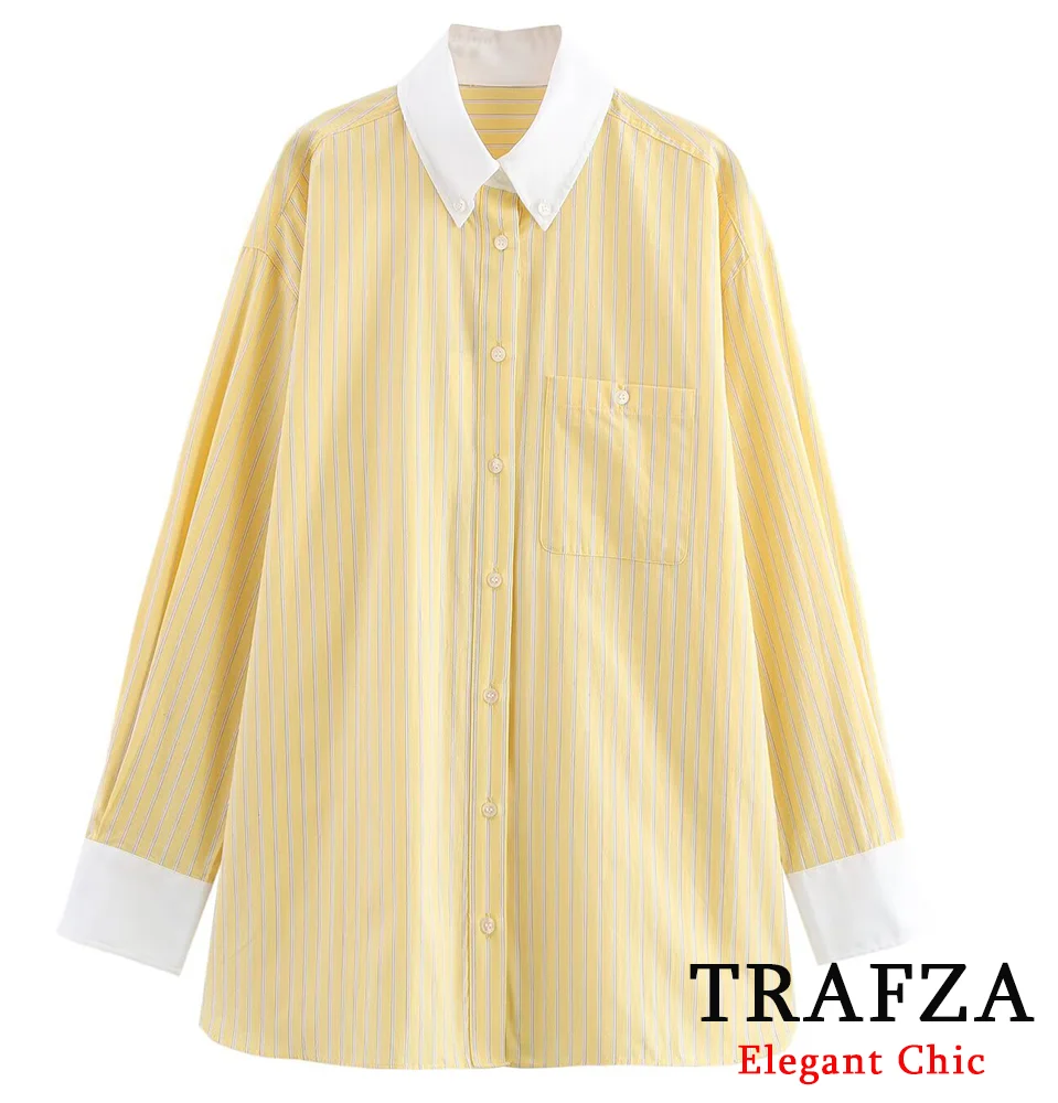 

TRAFZA Women Elegant Striped Loose Shirt Lapel Yellow Shirts New 2025 Spring Summer Fashion Casual Commuter Vacation Shirt