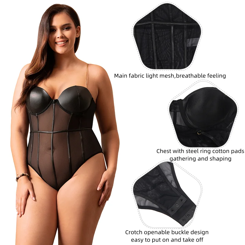 Ohyeahlady Sexy Seamless Lingerie Bodysuit Leather Teddy Transparent Underwear Oversized Underwire One-piece Jumpsuit With Chain