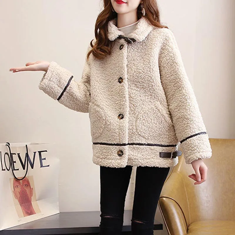 Lamb Wool Coat Women\'s Long-sleeved  Korean Version Loose Autumn And Winter All-match Thick Fur One Plush Solid Color Warm Top