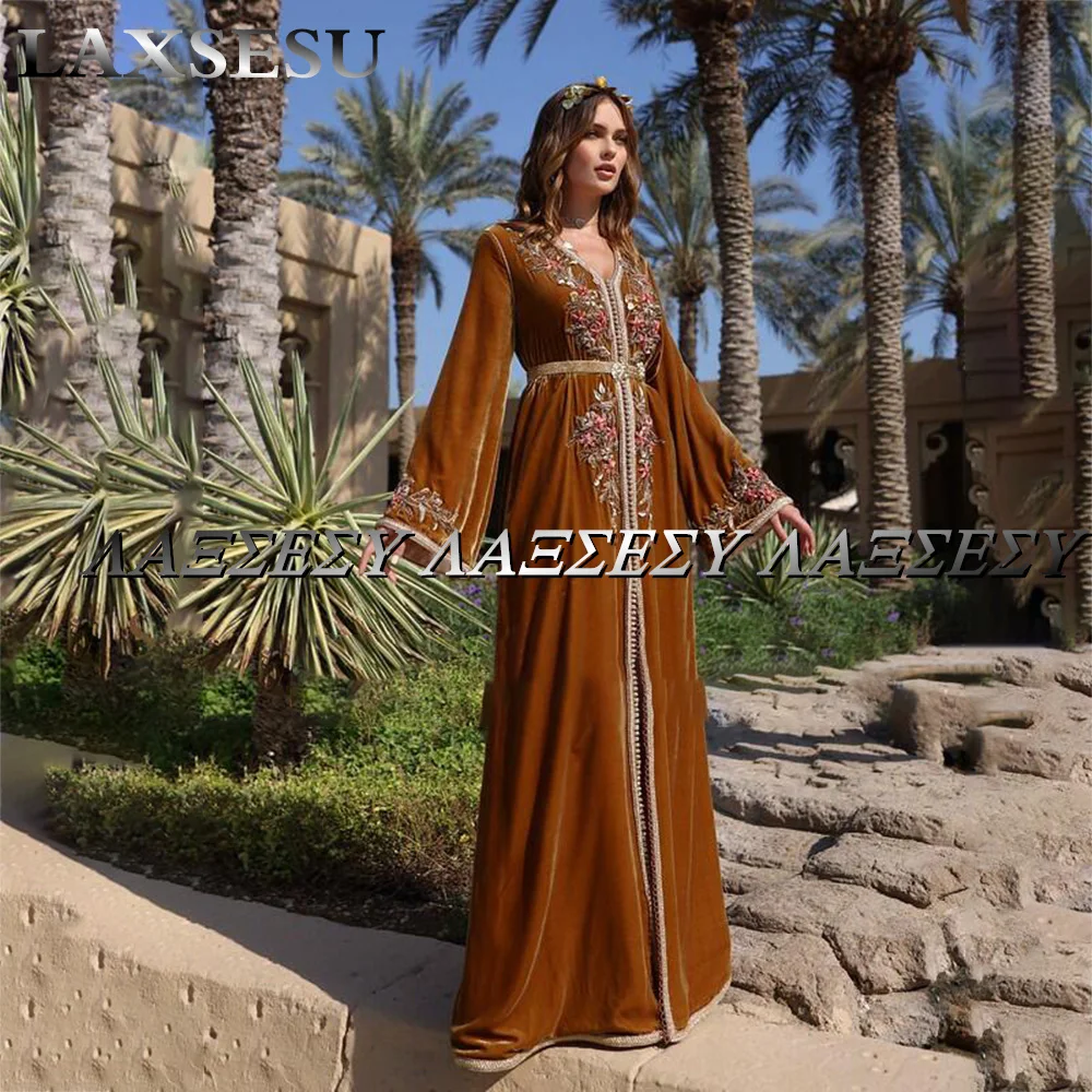 Laxsesu veludo marroquino caftan baile de formatura vestido elegante apliques 2022 arábia saudita mangas compridas formal noite aniversário vestidos