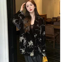 Spring and Autumn Women New V-Neck Silk+Velvet Retro Gold  Flower Embroidered Chinese Style Long Sleeve Lace Up Jacket S-XL