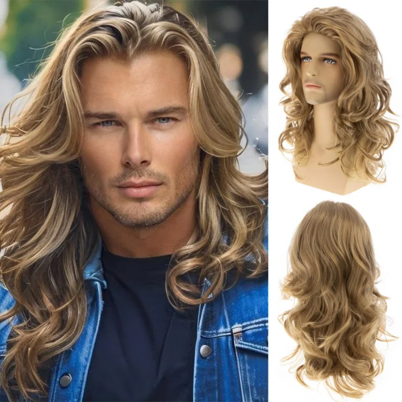 

Men's Golden Long Curly Wig - 80s Retro Rock Role Play Halloween Wig