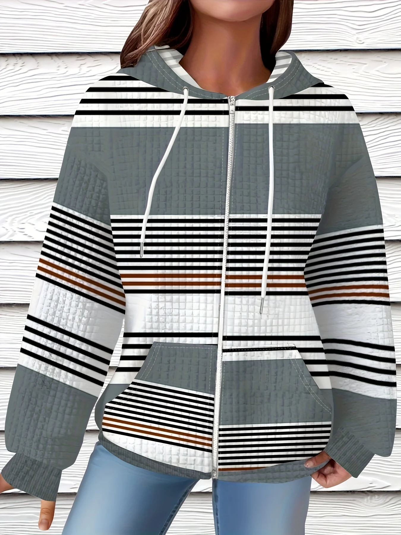 

Printed Design Casual style striped geometric pattern hooded jacket
