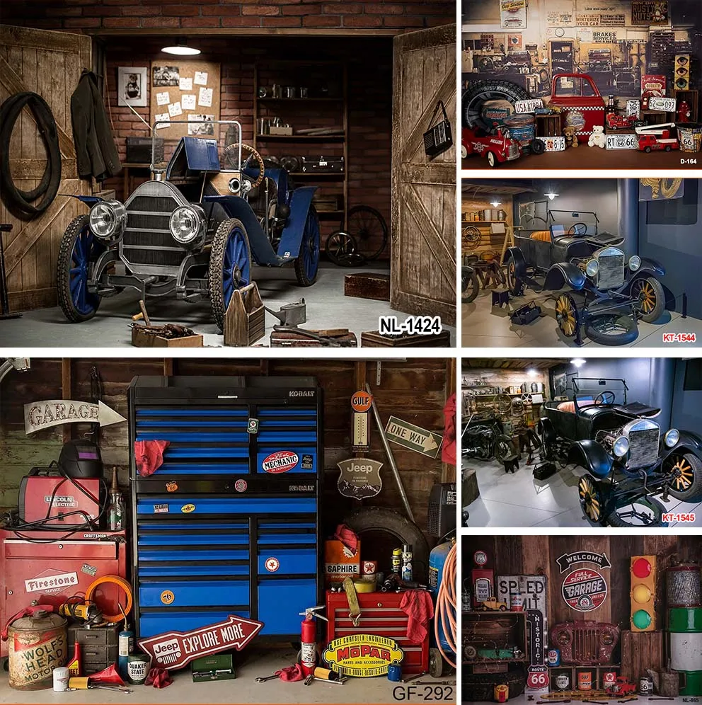 Warehouse Garage Large Backdrop Vintage Western Wooden Car Repair Background for Photography Mechanic Tools Backdrops Party