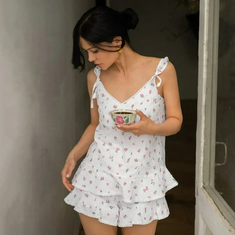 2026 Summer New Fashion Halter Print Shorts Ruffled Pajamas Women's Cross-border European American Home Wear Suitable for Women