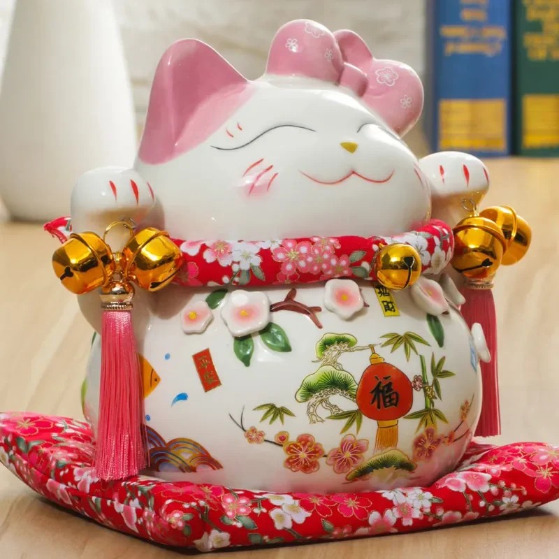 

Cartoon Maneki Neko Ornament Ceramic Lucky Cat Figurine Pink BOW-TIE Fortune Cat Statue Home Decorative Money Box Piggy Bank