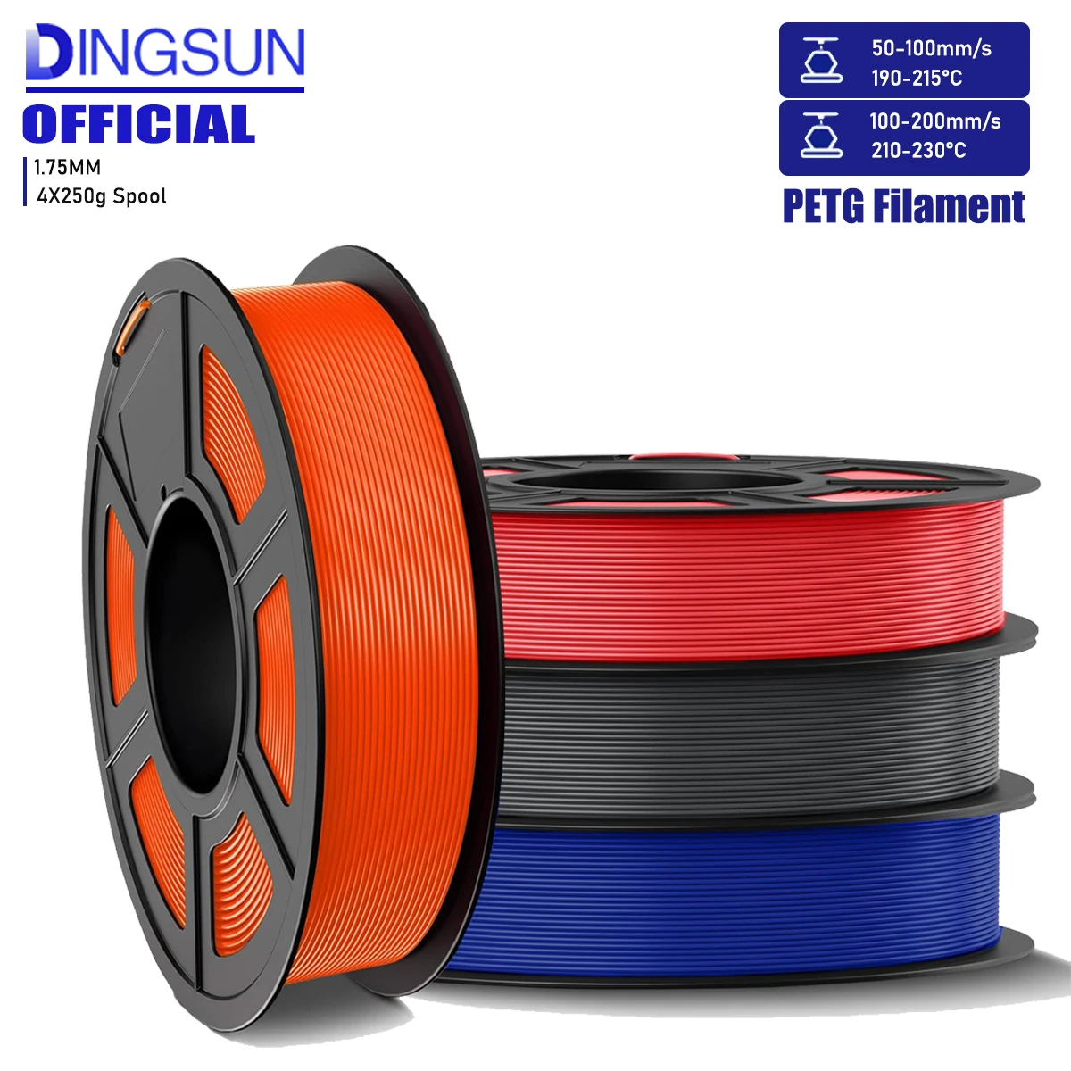 

Нить DINGSUN PETG 1,75 мм, нить для 3D-принтера, комплект нити PETG, 4 цвета, прочная, 4*250 г