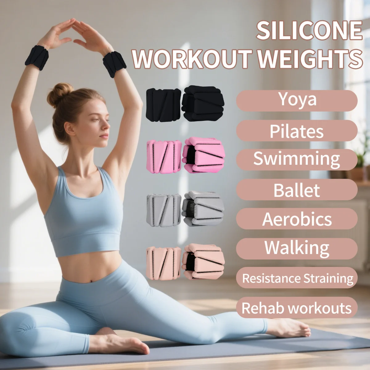 Adjustable ankle and wrist straps, 1 pair (2 lbs), unisex, black velcro, suitable for home gym, Pilates running, strength train