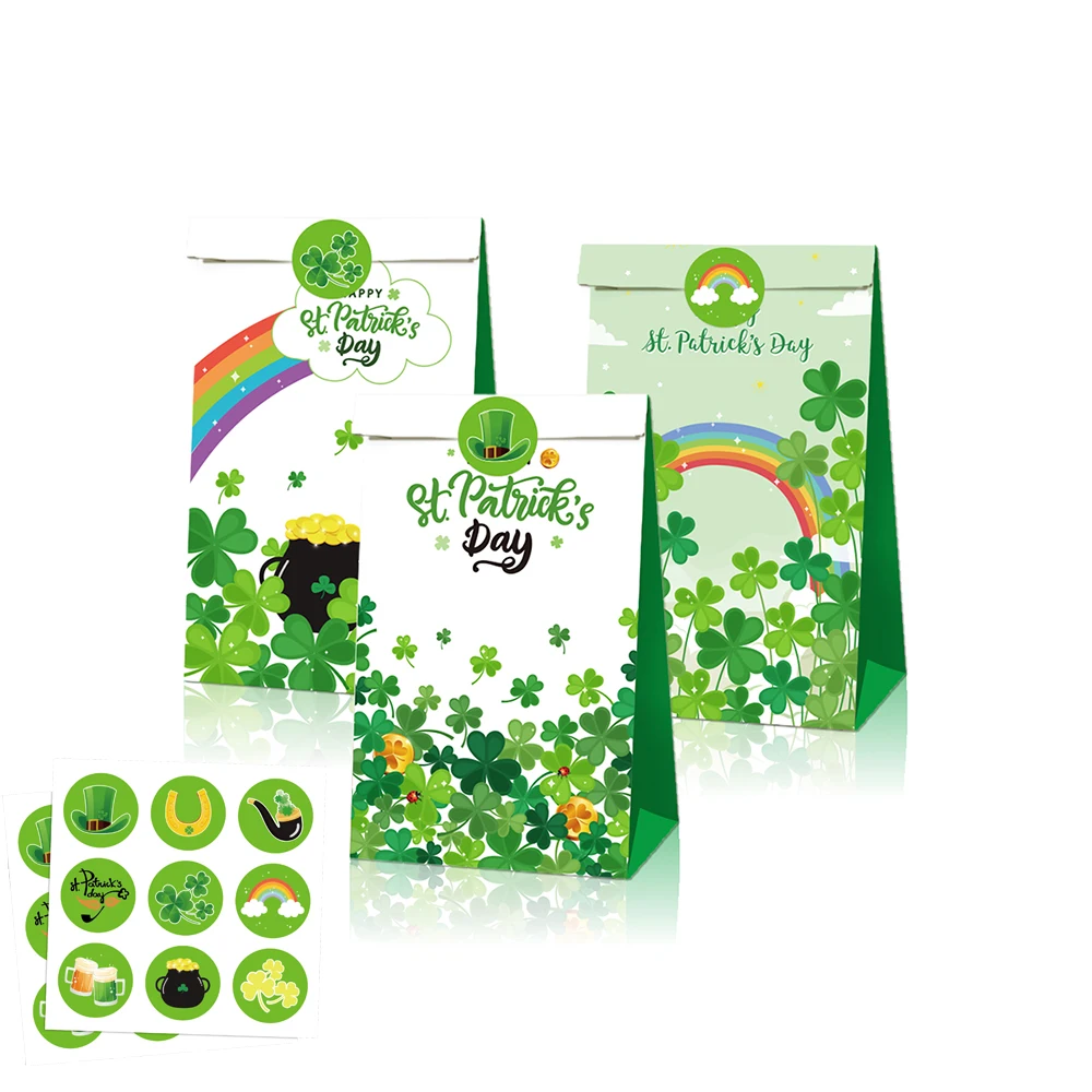 LB055 12Pcs Irish St.Patrick's Day Rainbow Clover Birthday Party Candy Kraft Paper Gift Bags Stickers Festival Party Decors