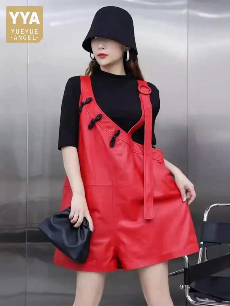 

Vintage Buttons Women Casual Wide Leg Overalls Real Sheepskin Genuine Leather Strap Shorts Spring New Loose Fit Rompers