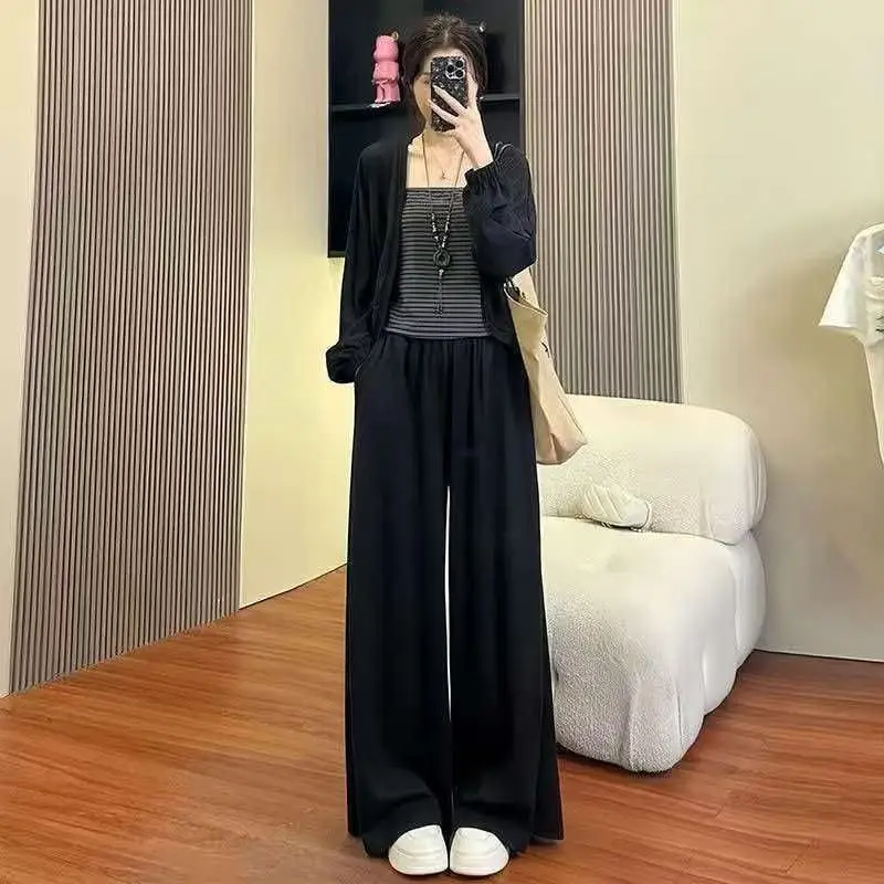 Sheep Cashmere Casual Fashion Set Three-Piece Sleeveless Vest Open Cardigan Wide Leg Pants Spring Autumn New Style Women's Wear