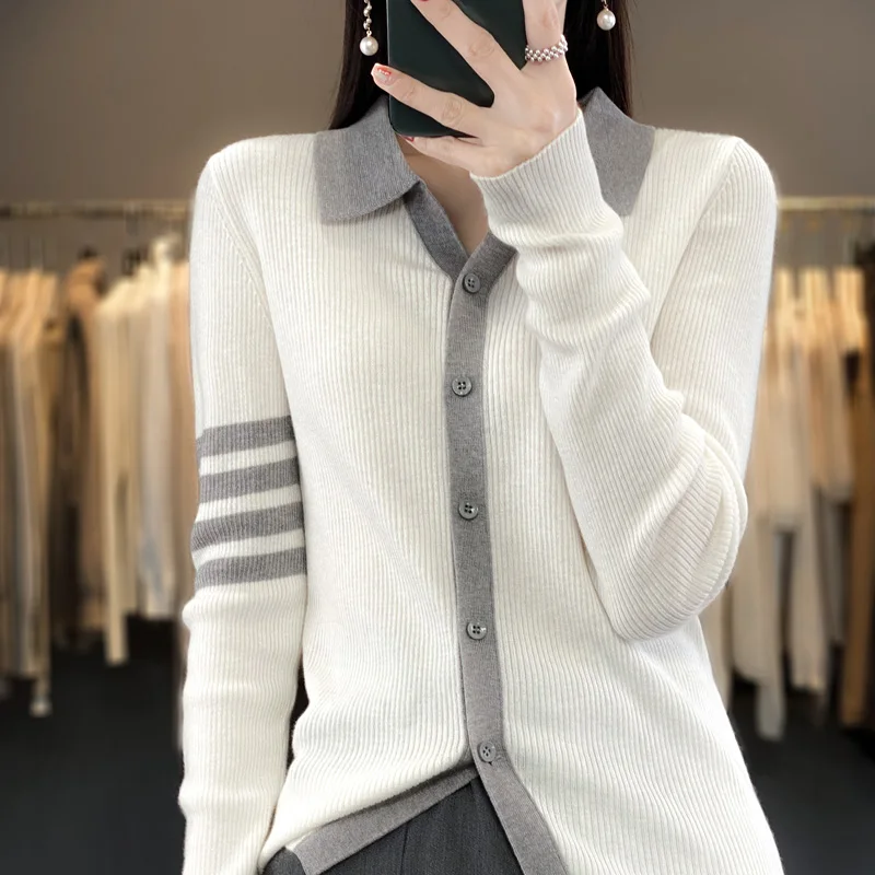 

Fine imitation wool Coat Spring Autumn new women's sweater slim fit fashionable contrasting color tops casual lapel cardigan
