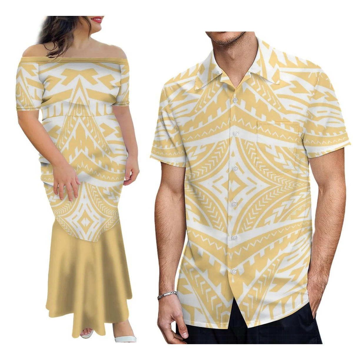 Summer Fashion Women'S One-Shoulder Dress Elegant Long Polynesian Island Design Couple Suit With Men'S Shirt