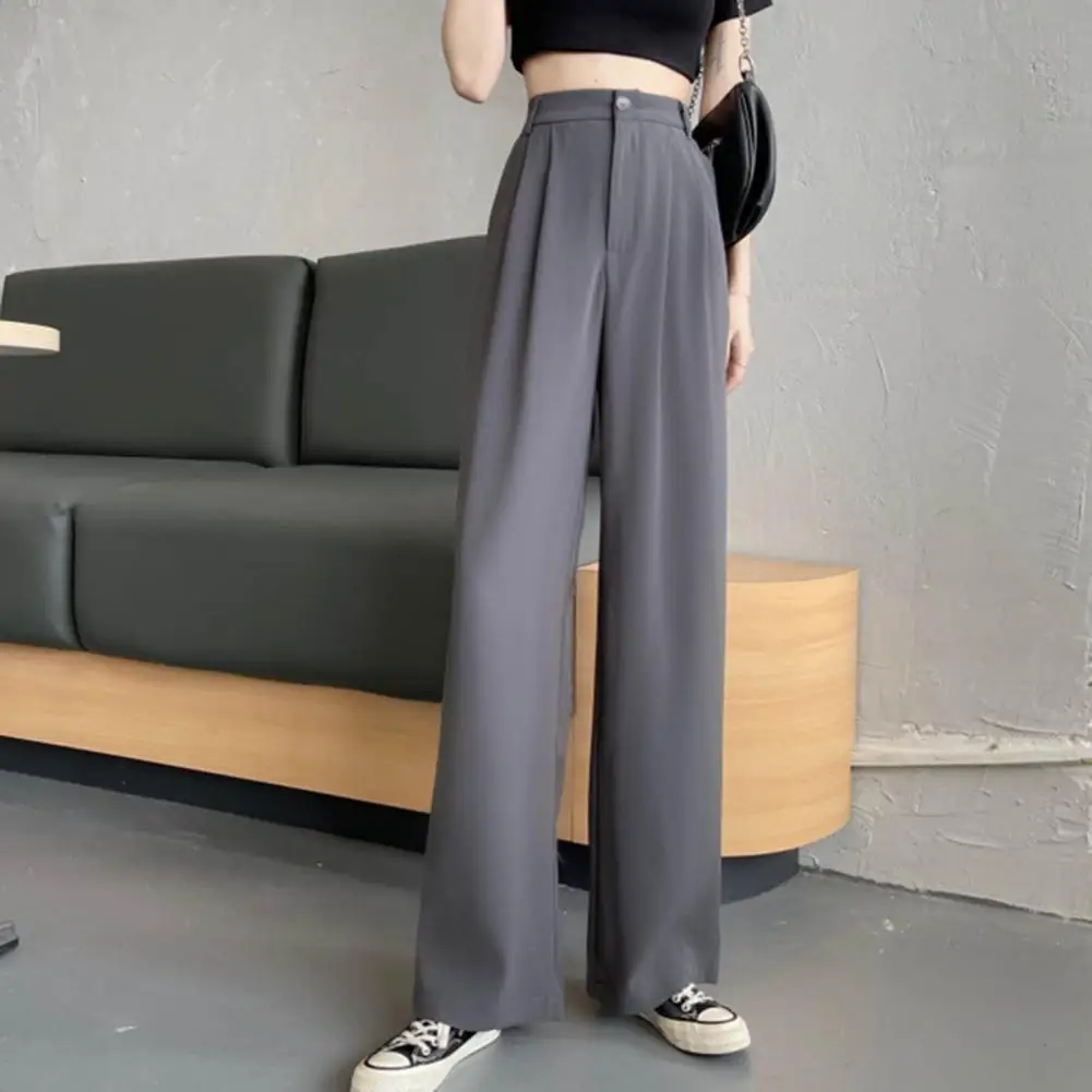 Women Suit Pants Elastic High Waist Straight Wide Leg Pants Slant Pockets Loose Office Trousers Casual Suit Trousers