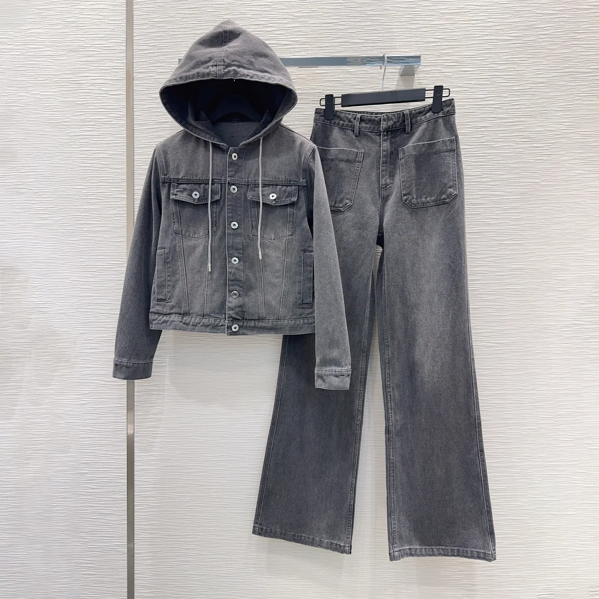 2026 High quality women's retro grey washed denim two-piece set--26930143