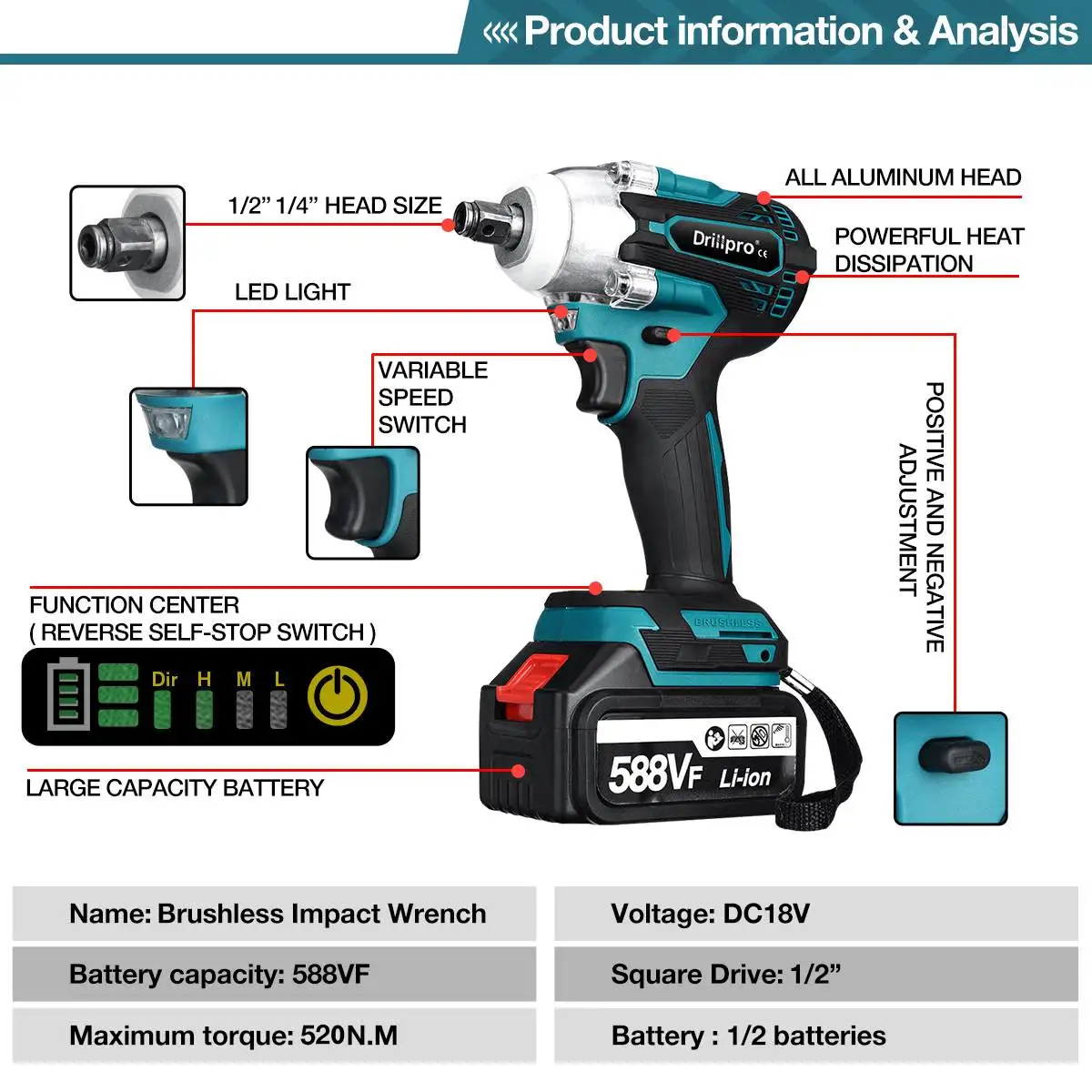 2 in 1 4 Speed 520N.M Brushless Electric Impact Wrench Screwdriver Rechargeable 1/2 inch Wrench Drillpro for Makita 18V Battery