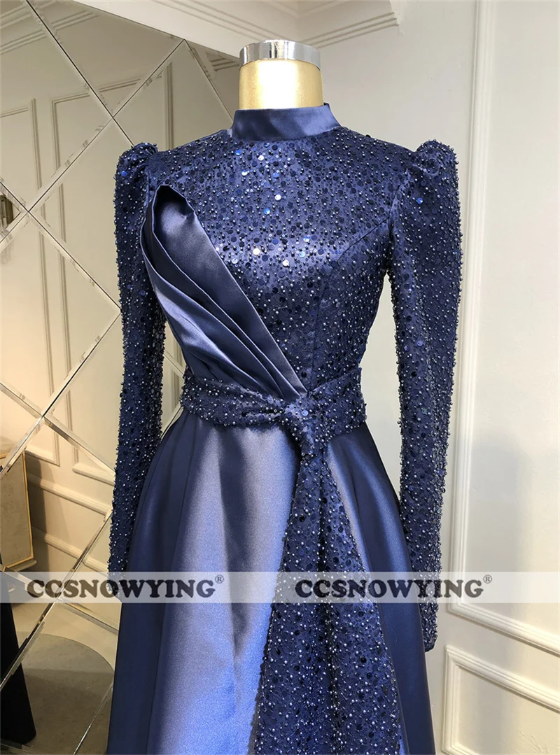 Navy Blue Satin Sequin Muslim Evening Dresses Long Sleeve Hijab Islamic Formal Party Gown Arabic Dubai Women Robes De Soirée