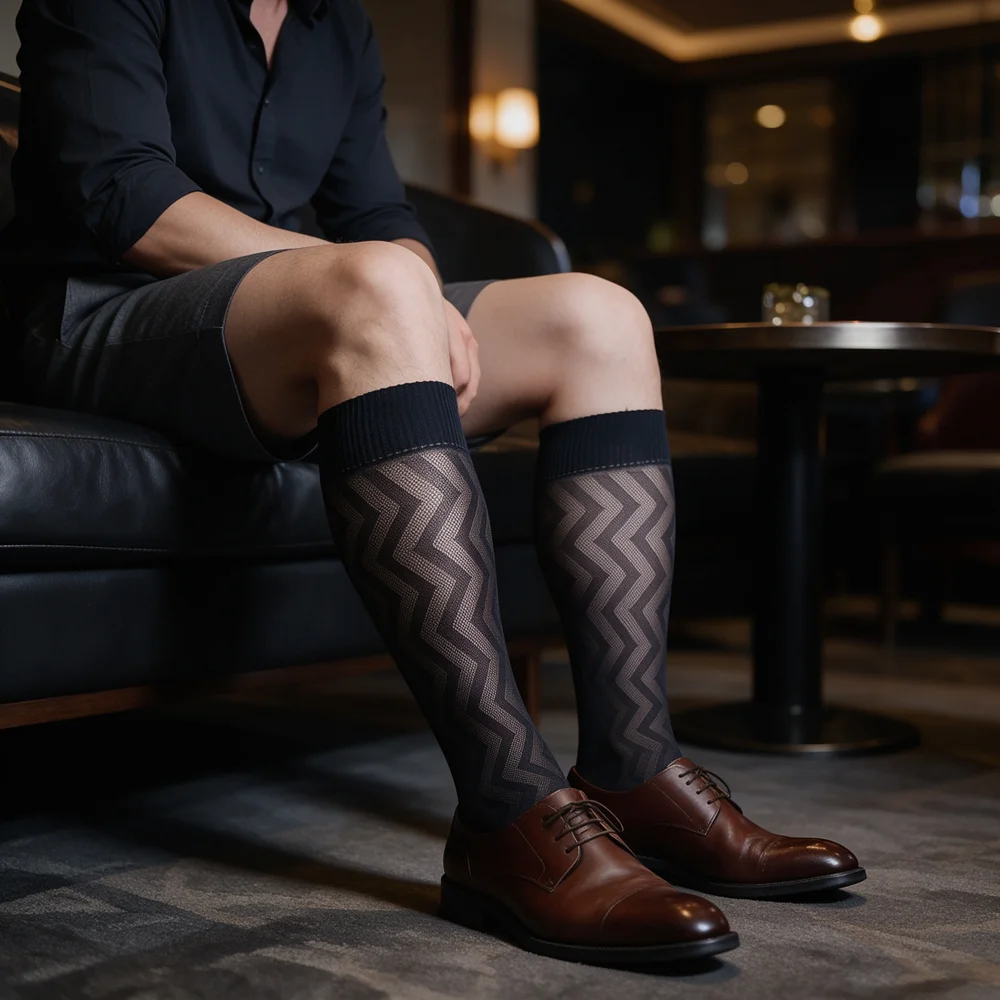 Men's Sheer Mesh Dress Socks Knee High See Through Chevron Zigzag Pattern Thin Nylon Business Formal Navy Sexy Elegant Socks