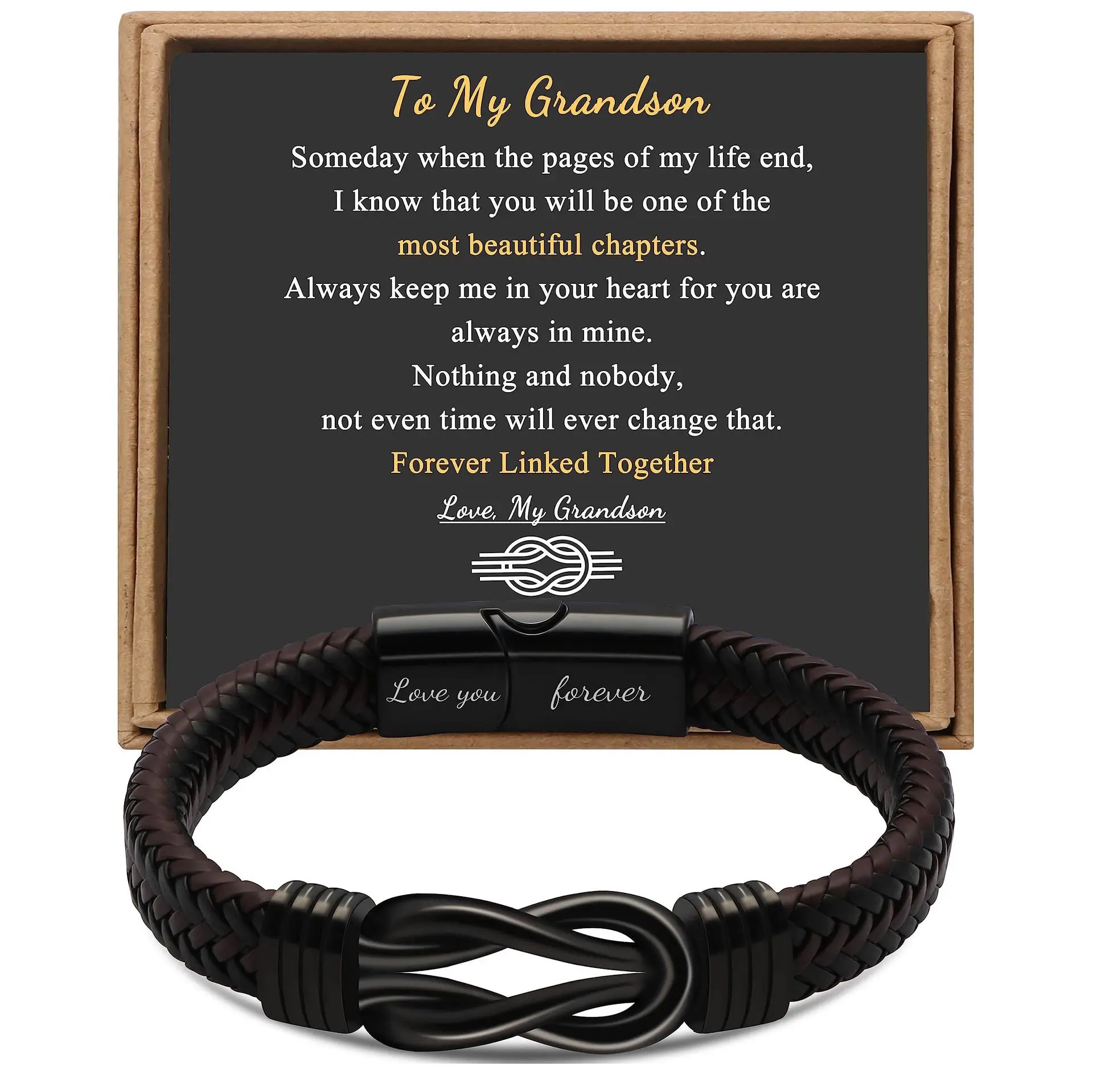 WG  Infinity Bracelet Brown Braided Leather Forever Linked Together Stainless Steel Engraved with Love You Forever Jewelry