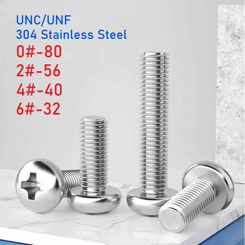 Peijian UNC/UNF 0#-80 2#-56 4#-40 6#-32 SUS304 Stainless Steel Round Pan Head Screw Phillips Cross Recessed Machine Bolts