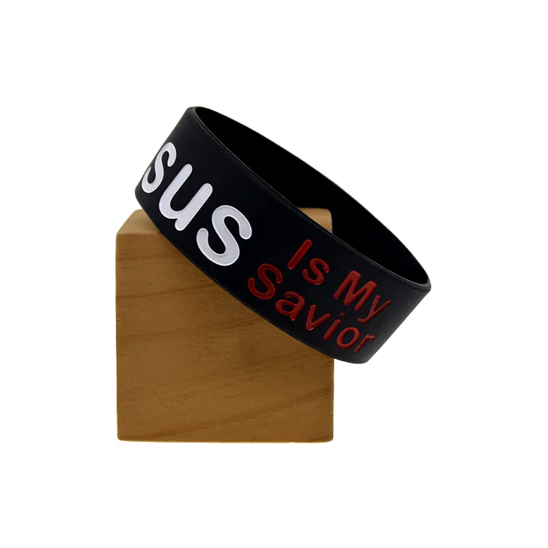 1 Stück 1 Zoll breites Silikon-Gummi-Armband mit der Aufschrift „Jesus ist mein Erlöser“ – religiöser Bibelvers-Armreif in Schwarz – Detail 8