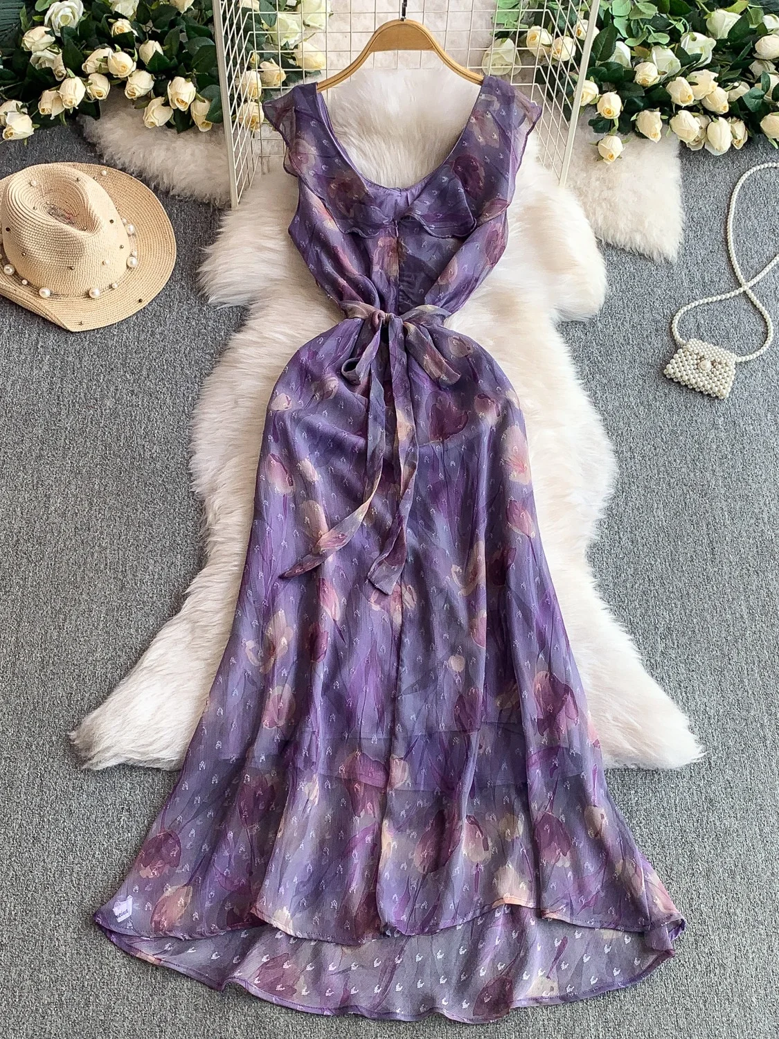 Sommer Vaion Lila Blumendruck V-ne Dr Damen Ele Taillierender langer A-Linien-Rock Korean Sle Pendeln