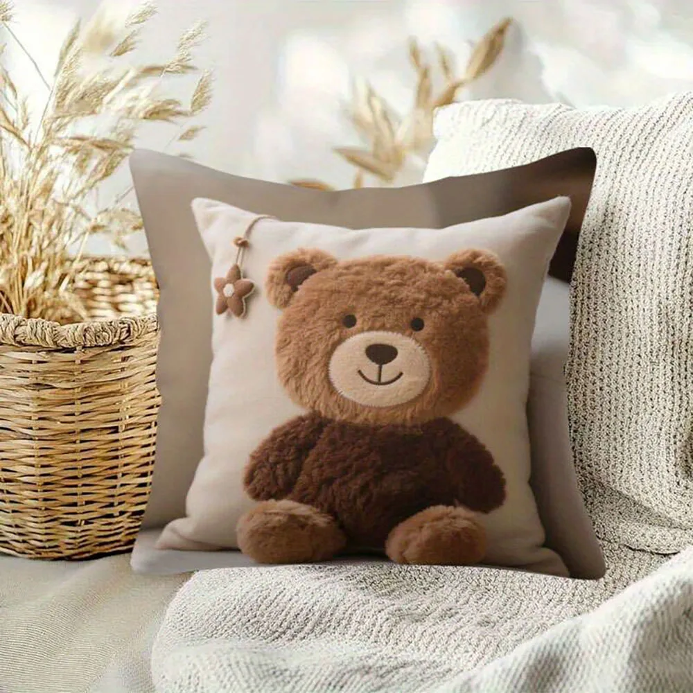 2pcs Cute Brown Teddy Bear Plush Throw Pillow Covers Soft Square Cushion Cases for Sofa Bedroom Living Room Home Decor