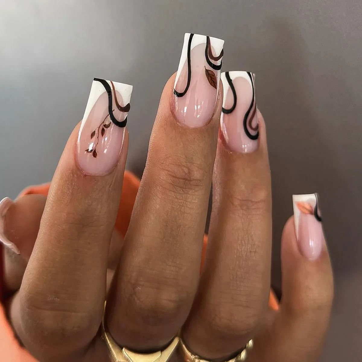 Brown Leaf Black Curved Lines White French Long Square Fake Nails Chic Detachable Finished False Nails Press on Nails with Glue