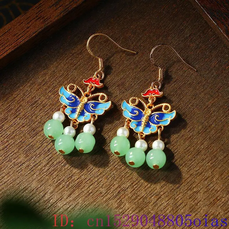 Light Green Real Jade Butterfly Earrings Accessories Talismans Gemstone Charm Natural Jewelry Vintage 18K Gold Plated Luxury