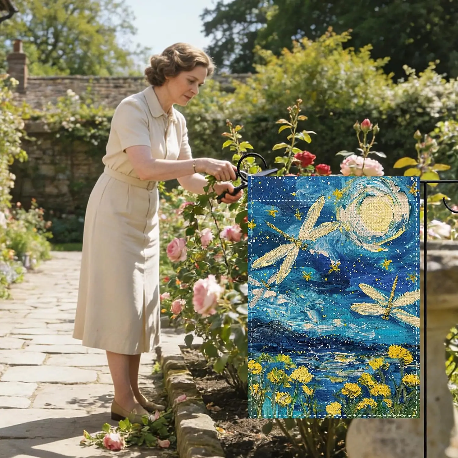 Spring Summer Dragonfly Decorative Garden Flag, Starry Night Abstract Oil Painting Art Moon Floral Small Yard Outside Decora PPZ