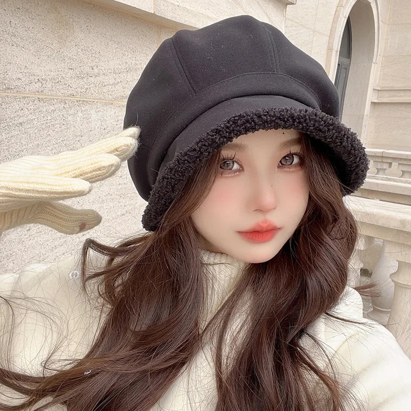 Beret Hat for Women Winter Octagonal Hats for Women Retro Solid Color Velvet Newsboy Cap Female Keep Warm Gorro New Bucket Hat