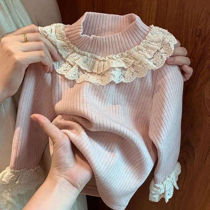 New Good-looking Girls' Velvet Bottoming Shirt New Autumn and Winter Children's and Girls' Versatile Lace Clothes Long Sleeves
