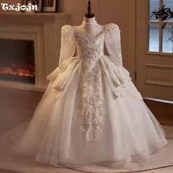 Flower Girls Dresses For Wedding Exquisite Sequined Beads Long Sleeves Princess Ball Gown Formal Evening Party School Activities