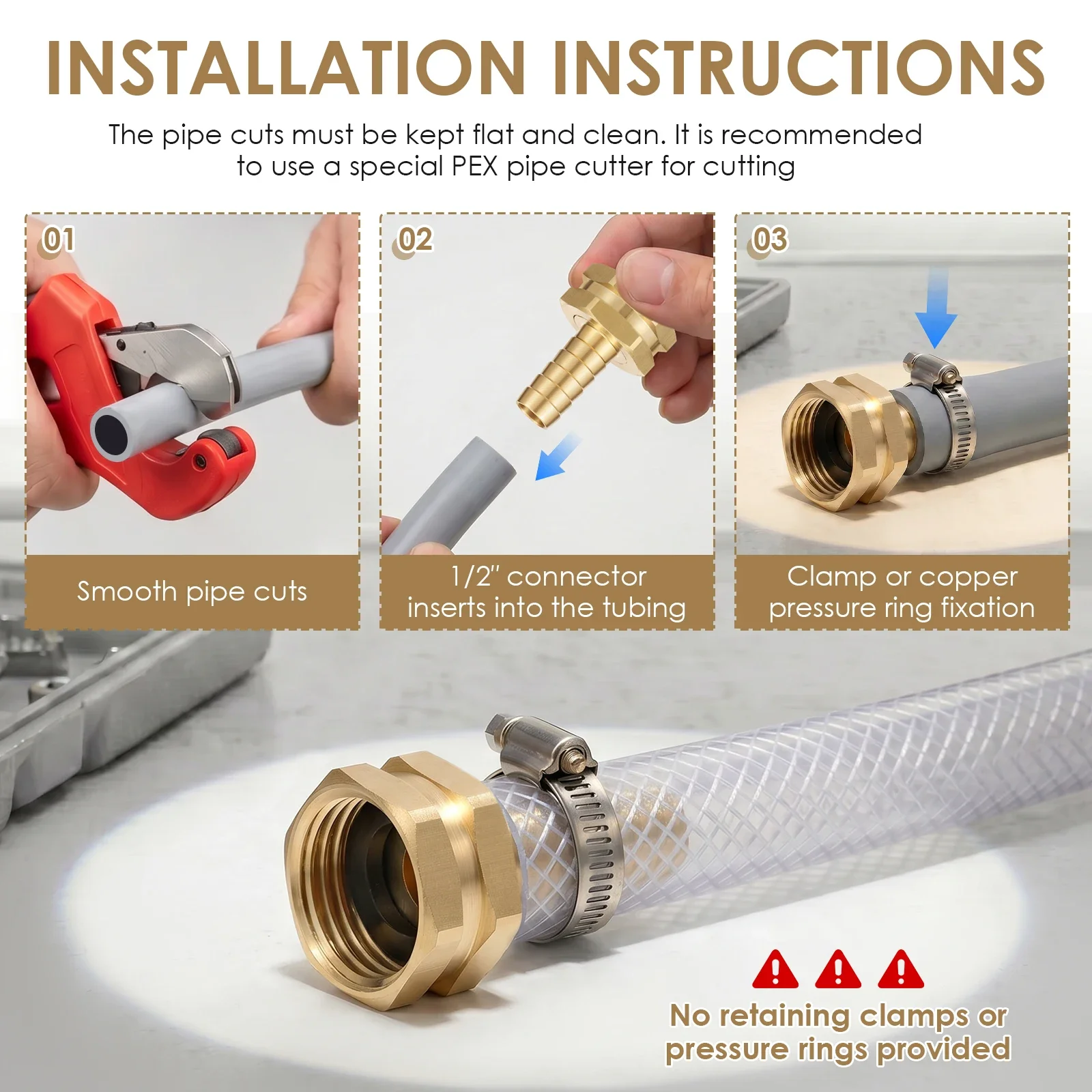 4 Pack Solid Brass Garden Hose Connector 3/4 GHT To 1/2 PEX Barb Fitting Leak Proof Watering Pipe Adapter Repair Mender Joint