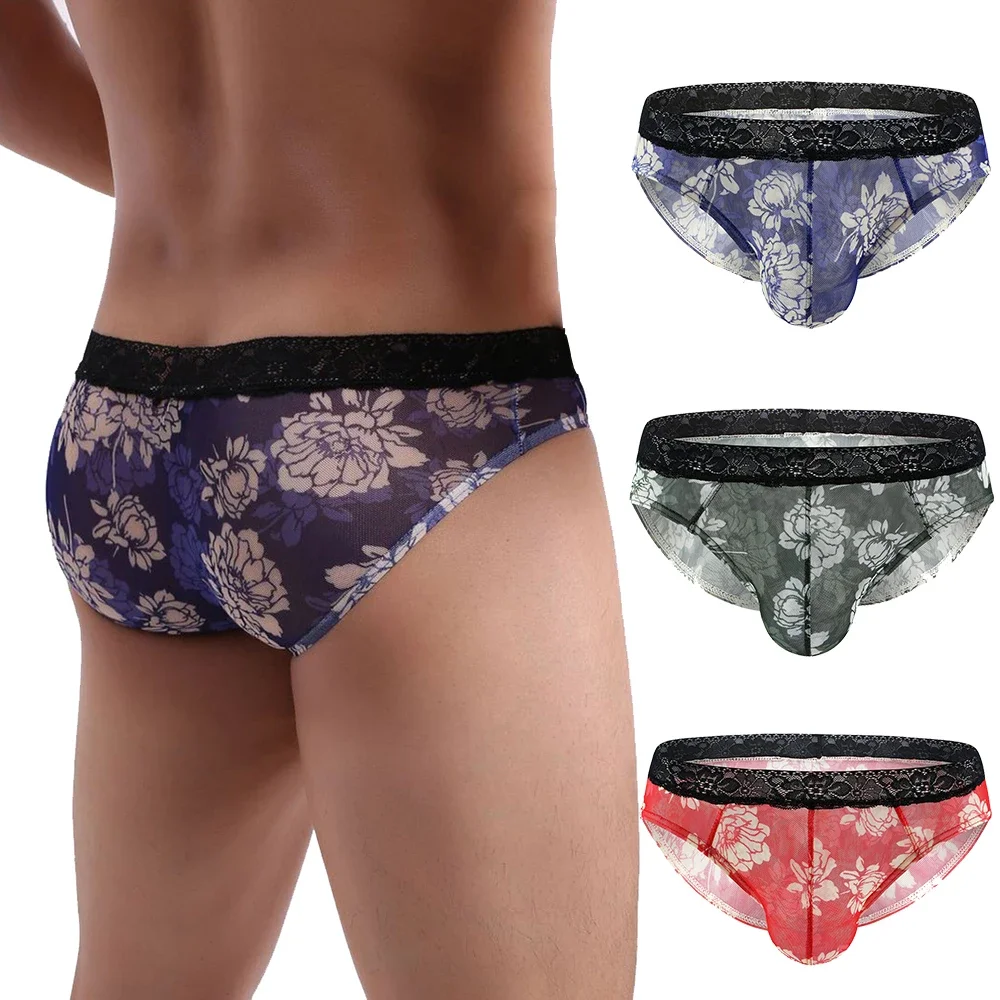 Men's Lace Underwear Flower Print Breathable Sexy Men Seamless Transparent Briefs Underpants Sexy Lingerie