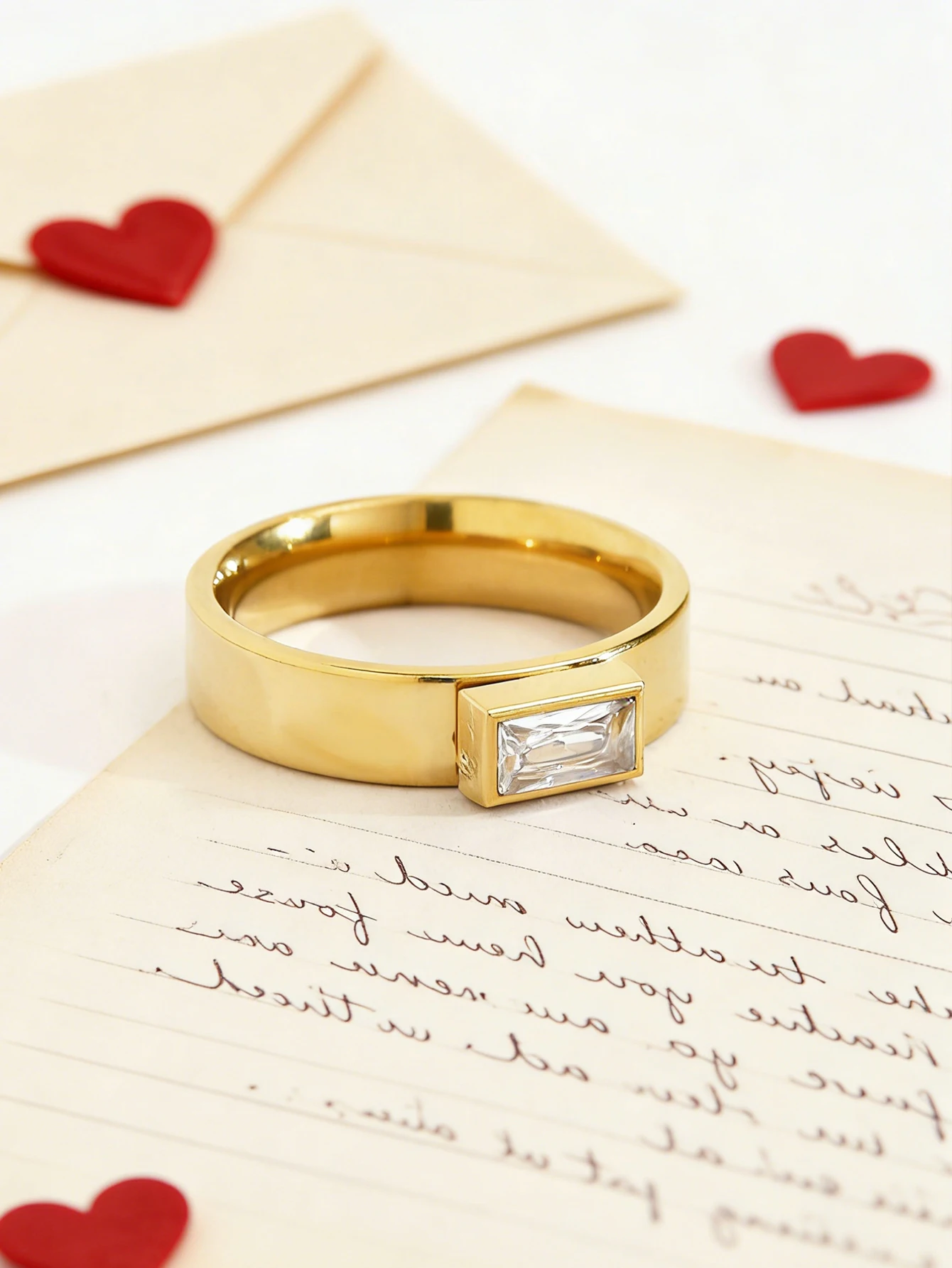 1Pc Holiday Gift Temperament Light Luxury Fashion Senior Stainless Steel Plated 18K Gold With Rectangular Diamond Couple Ring