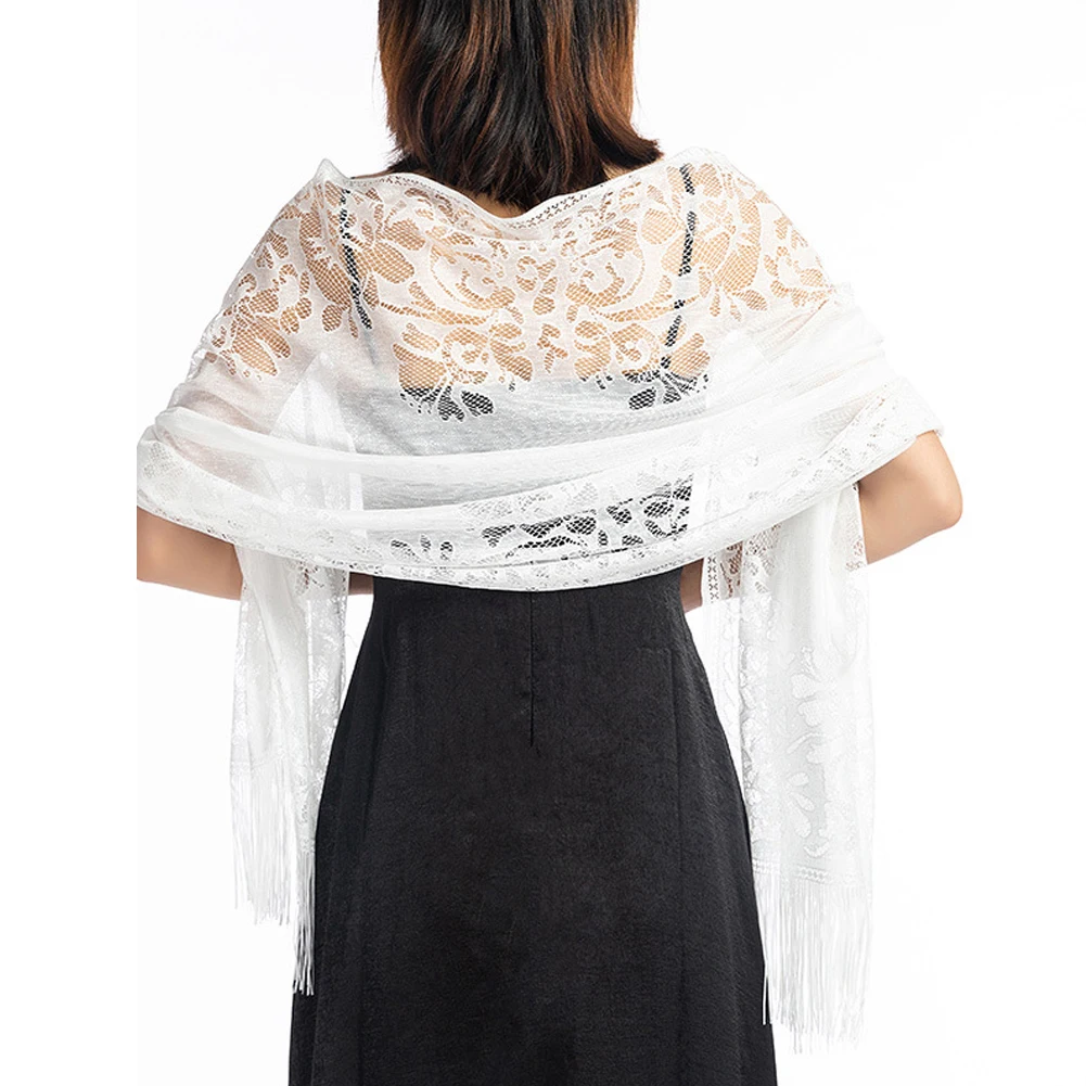 Women Wedding Wrap Shawl Hollow Out Tulle Lace Party Evening Long Shawls Scarf Tassels Ladies Sun Protection Tops