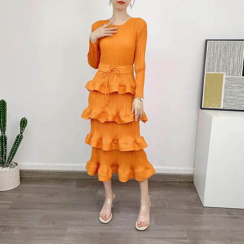 

Miyake New Lily Pleated Dress High Quality Fashion Temperament Ageing Cake Skirt Design Sense