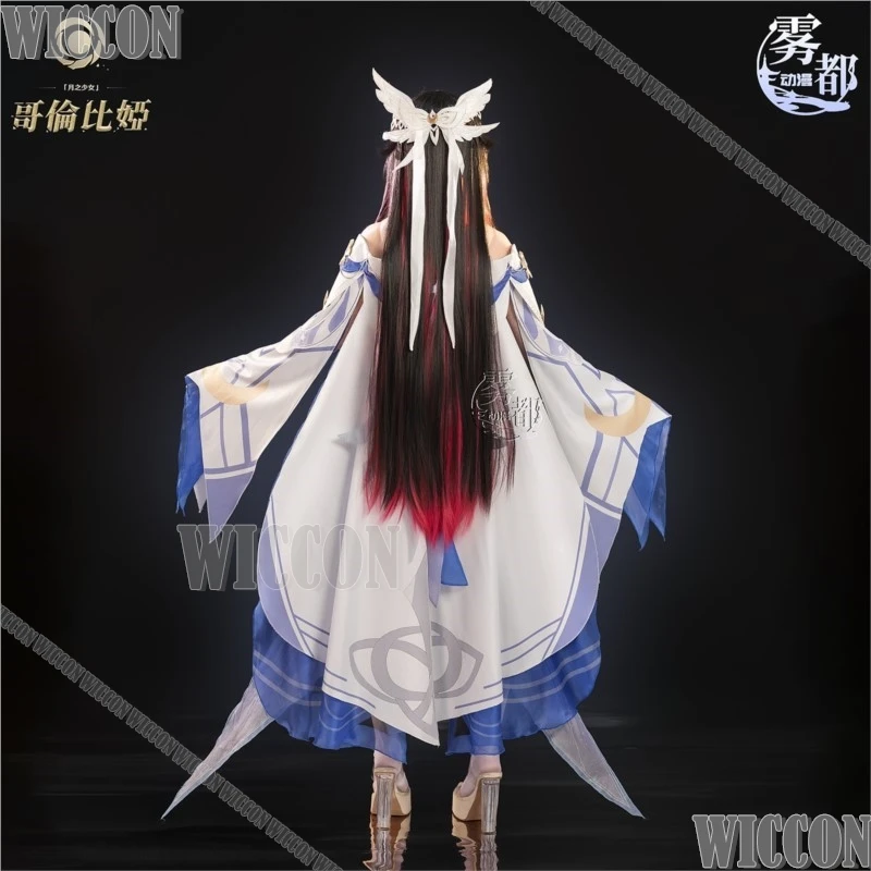 كولومبينا جينشين تأثير دامسيليت لعبة تأثيري حلي فتاة الأرجواني الأبيض فستان الجناح شعر مستعار الدعامة امرأة فستان الهالوين نافيداد