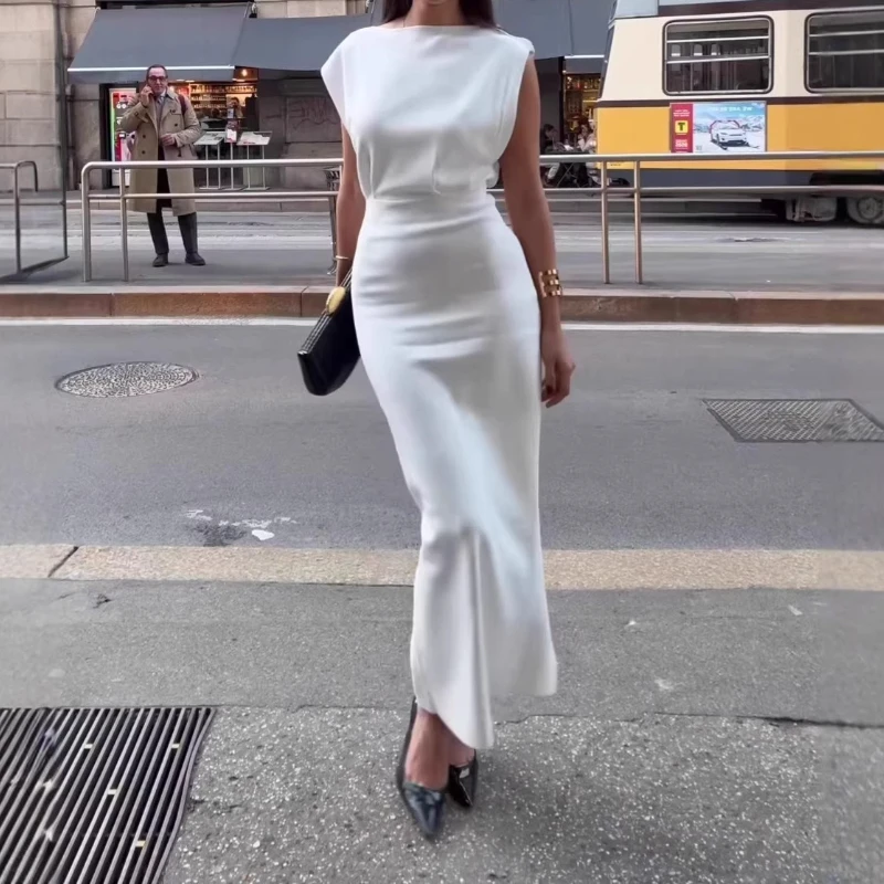 

Fashion Women's Clothing 2026 New Round Neck Sleeveless White Waist Slimming Long Dress