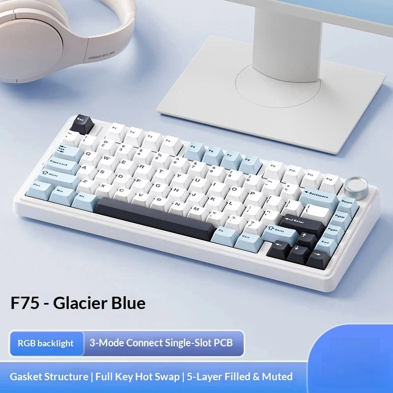 Aula F75 Custom Tri Mode Mechanical Keyboard Wireless Bluetooth Pbt Side Printed Keycaps Gasket For Office Gaming Esports