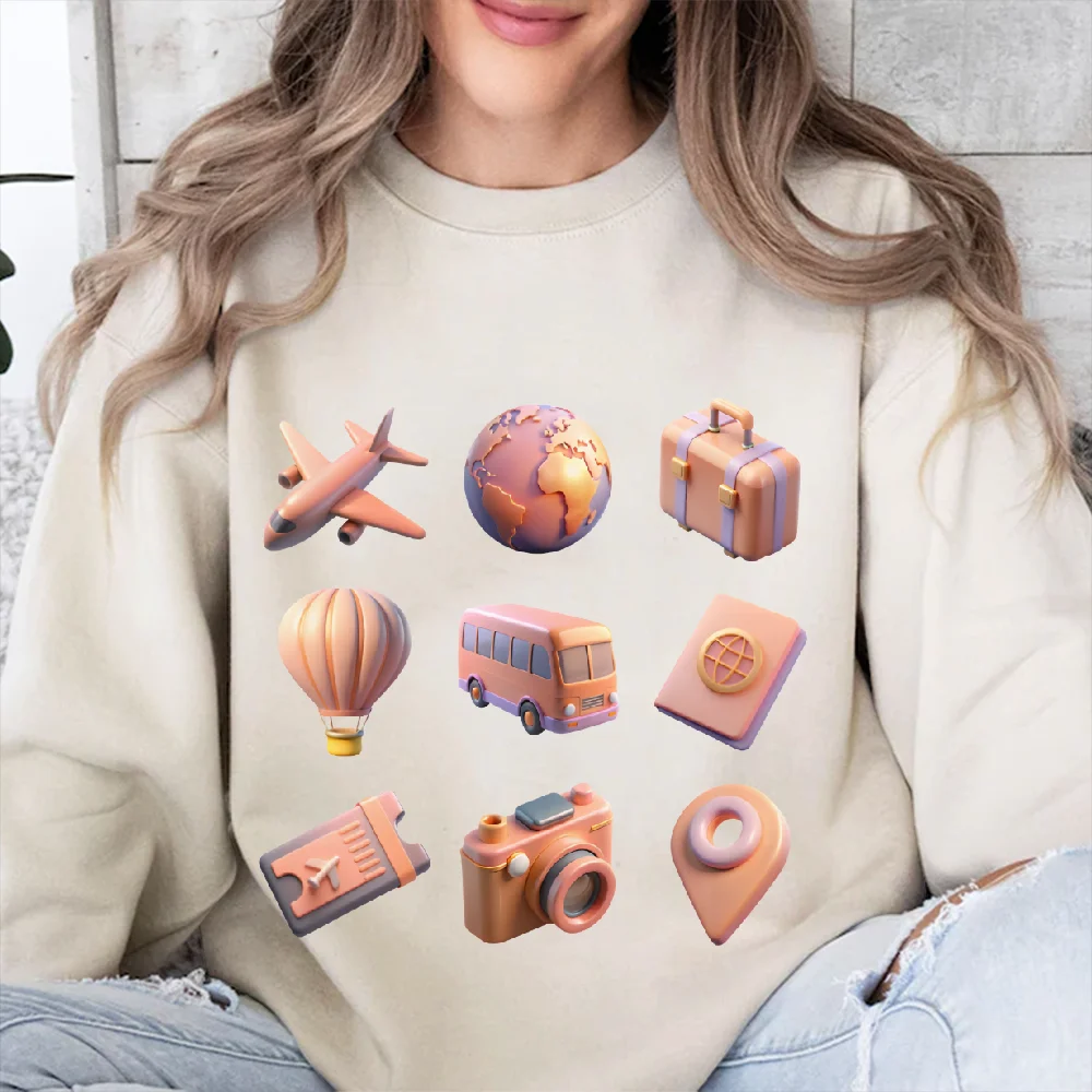 

Y2k Sweatshirt Travel Icons Graphic Plane Globe Luggage Print Oversize Sweatshirt Casual Trendy Adventure Vibe Design Clothes
