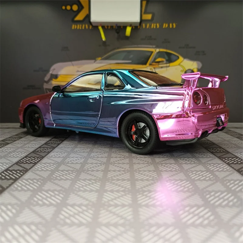 

1:24 гальванический GT-R GTR R34, модель спортивного автомобиля из сплава, литье под давлением, металлический трек, гоночный автомобиль, модель автомобиля, звук, свет, детские игрушки, подарок