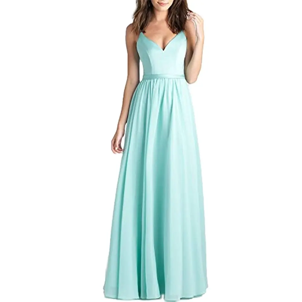 Sexy A Line Chiffon Elegant V Neck Pleat Spaghetti Straps Evening Bridesmaid Dresses Wedding Party Formal Prom Zipper Backless