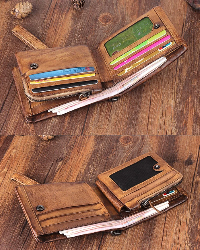 Vintage PUNK Studs Full Grain กระเป๋าสตางค์หนังแท้ผู้ชาย Bifold กระเป๋าสตางค์เข็มขัดกระเป๋าสตางค์ชายสั้นสไตล์เงินกระเป๋าคลิป WC010