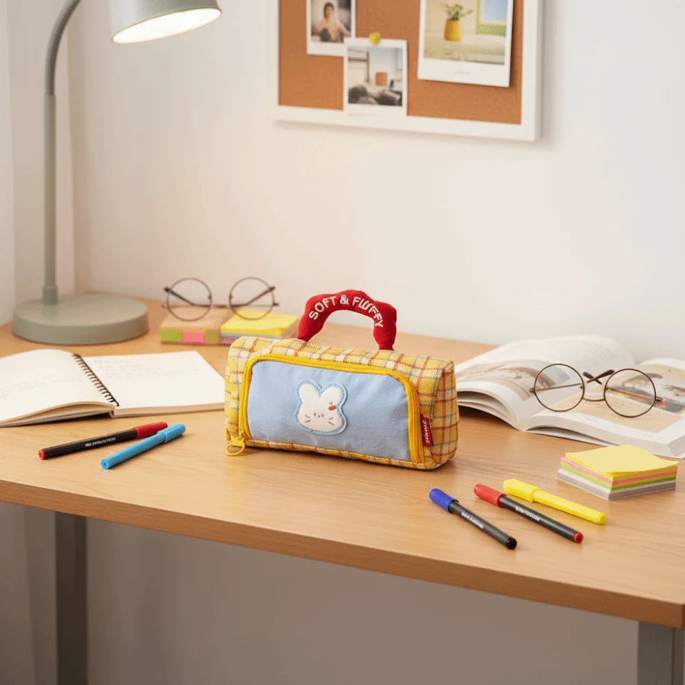 Color Block Pattern Large Capacity Pencil Case Cartoon Checkered Non-Repeating Pattern Creative Design Pencil Case