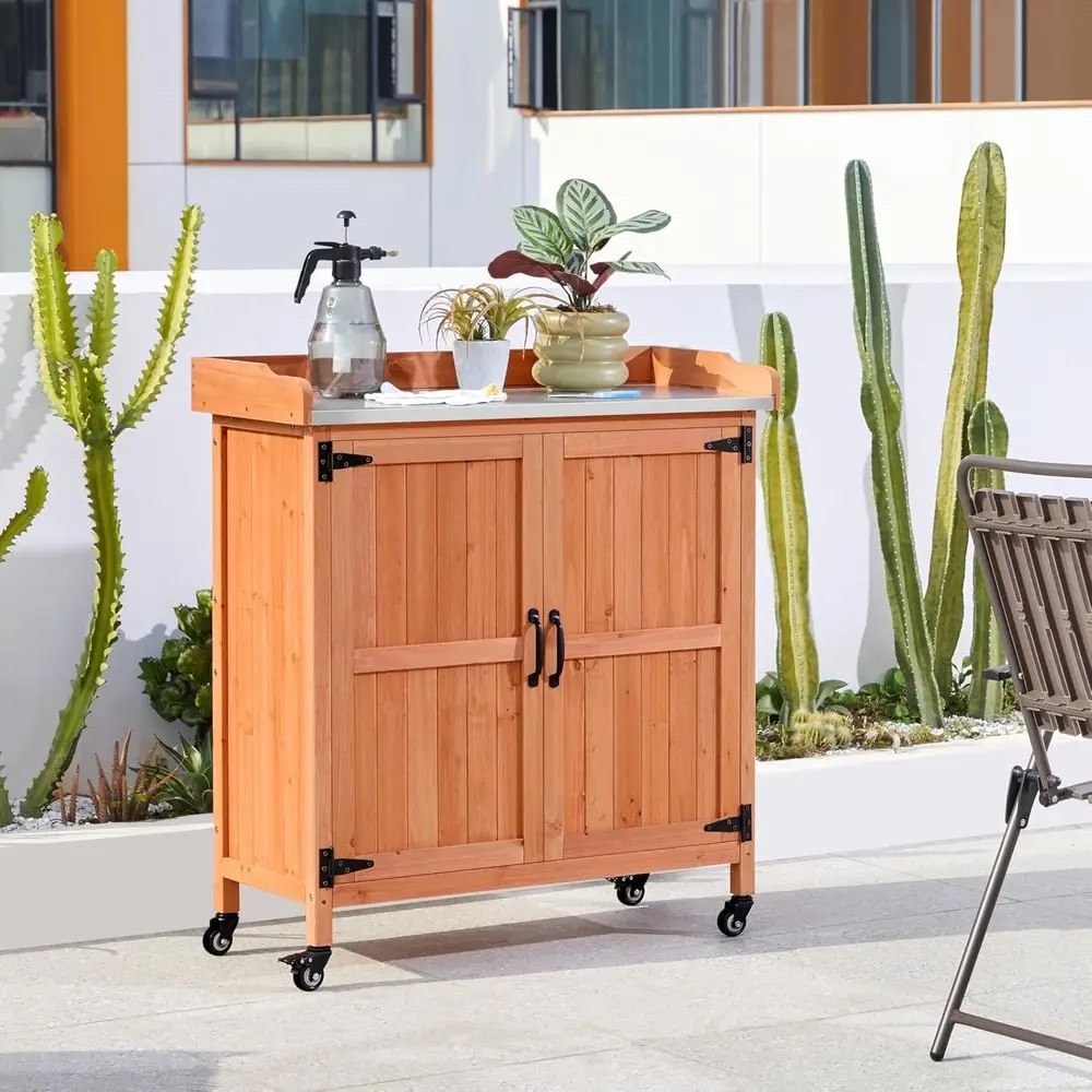 Potting Bench with Storage Cabinet & Metal Top, Brown | Outdoor table for patios, backyards, and arm stands, featuring flexible